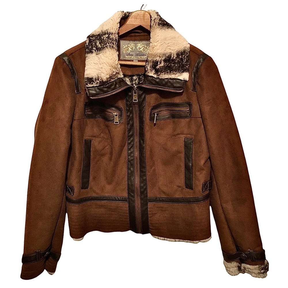 Vintage Steve Madden Women 90's Brown Genuine Leather & Fur Bomber Jacket Size L
